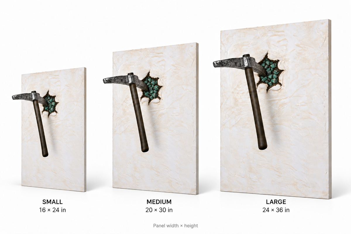 ONE MORE STRIKE Emerald — Size comparison, 16 × 24, 20 × 30 and 24 × 36 inches