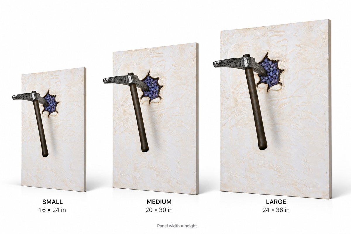 ONE MORE STRIKE Sapphire — Size comparison, 16 × 24, 20 × 30 and 24 × 36 inches