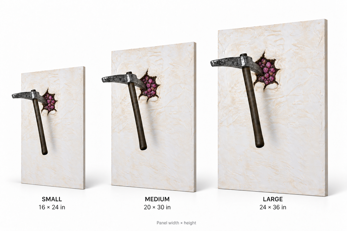 ONE MORE STRIKE Ruby — Size comparison, 16 × 24, 20 × 30 and 24 × 36 inches