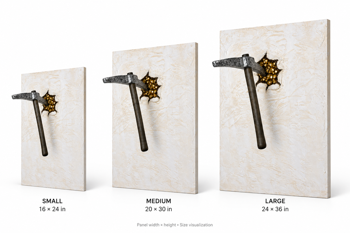 ONE MORE STRIKE Gold — Size comparison, 16 × 24, 20 × 30 and 24 × 36 inches